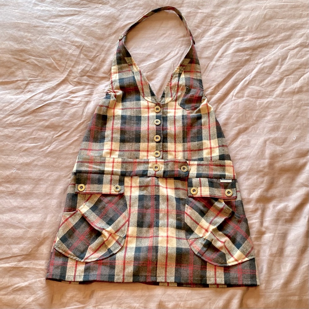 Halter overall wool plaid dress
